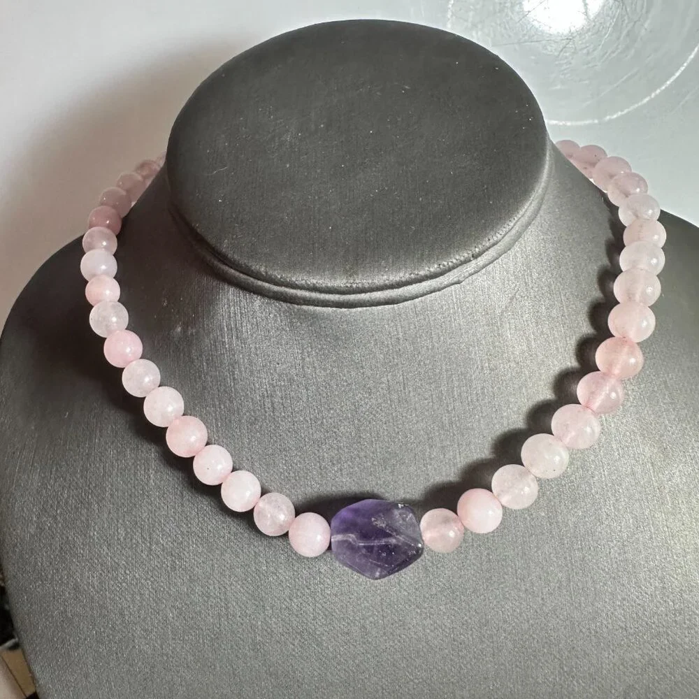 Genuine Amethyst Rose Quartz Necklace Choker Gift Natural Bohemian Hippie Purple - Picture 9 of 11